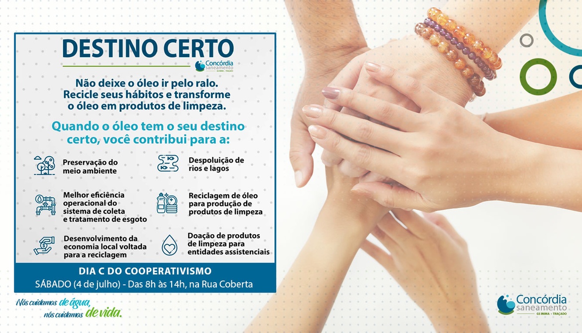 Concórdia Saneamento se une ao Dia C do Cooperativismo e faz recolhimento de óleo de cozinha usado neste sábado
