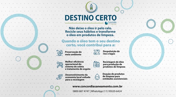 Concórdia Saneamento se engaja em ação de logística reversa e coleta óleo de cozinha usado neste sábado